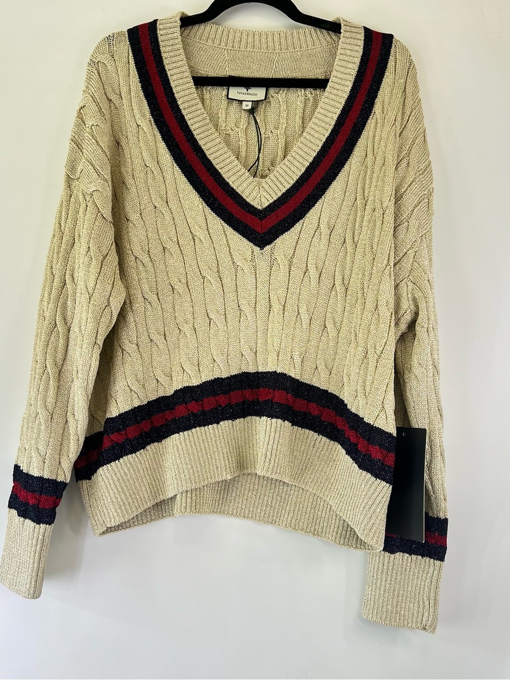 NWT Tuckernuck Gold Cable Knit V-Neck Sweater Varsity Stripe Preppy Coastal Med